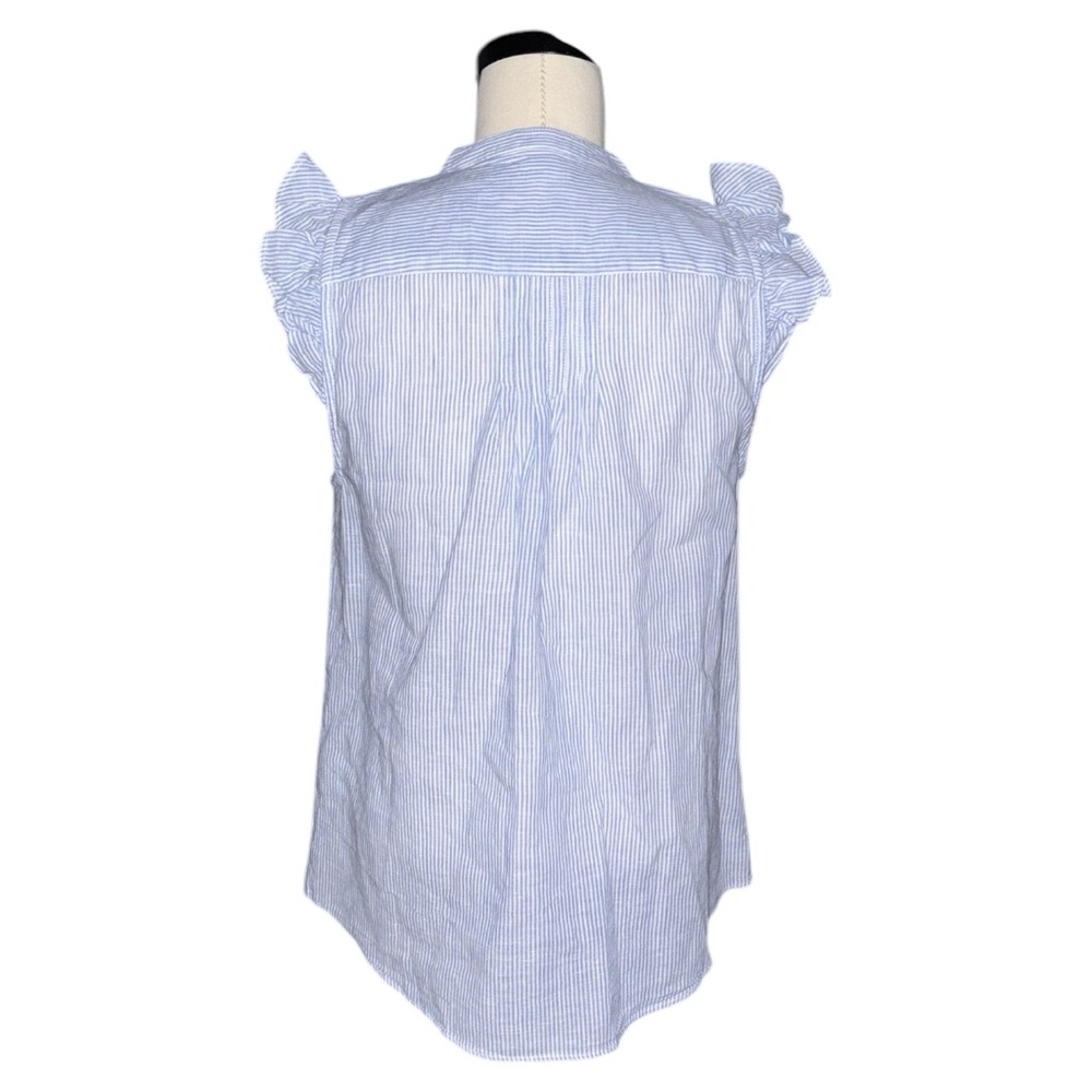 J. Crew Blue & White Striped Pleated Ruffle Sleeve Button Down Top - Picture 2 of 2